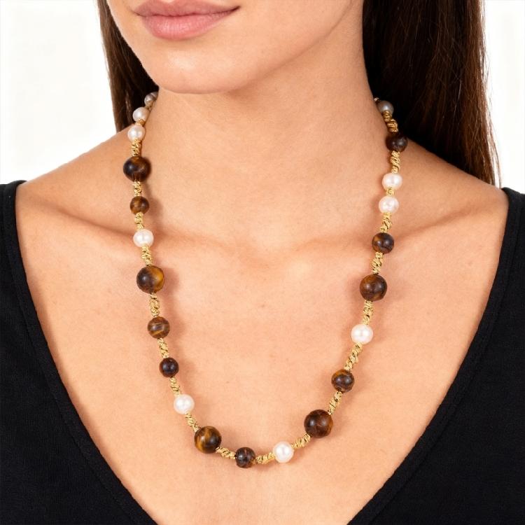Stylish Tigers Eye Bead Necklace With Round Pearls Professional Craftsmanship Sturdy Hand strung Beaded Necklace