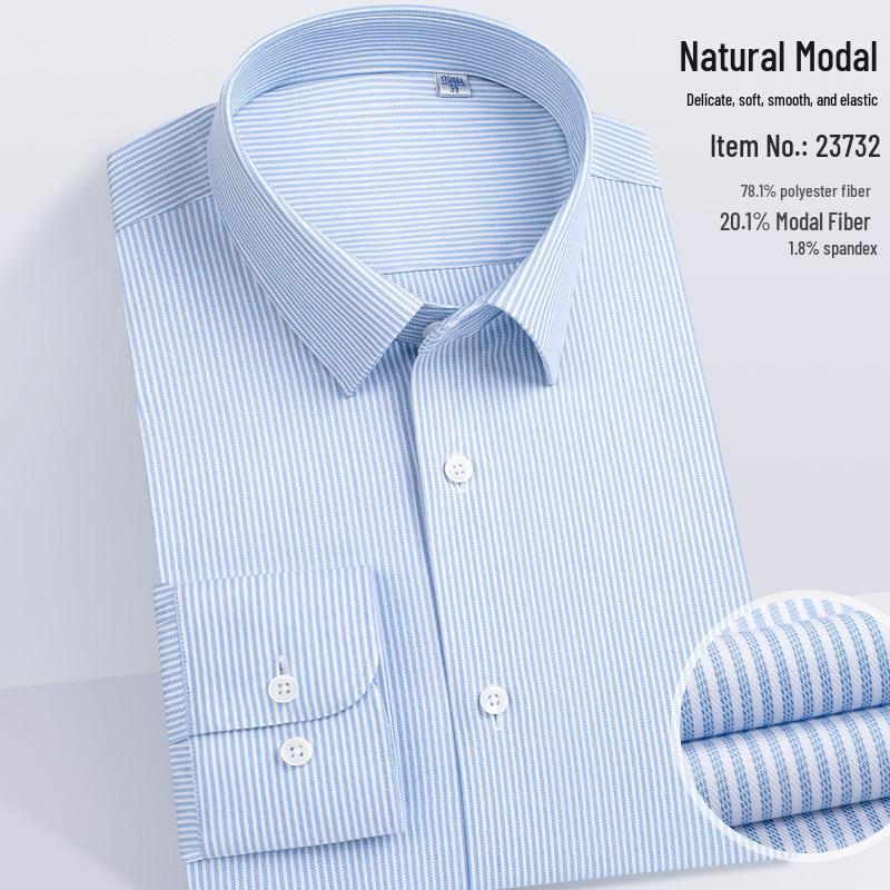 Men's Modal Stretch Long Sleeve Shirt - Non-Iron White, Spring & Autumn Style, Customizable LOGO, Professional Wear.