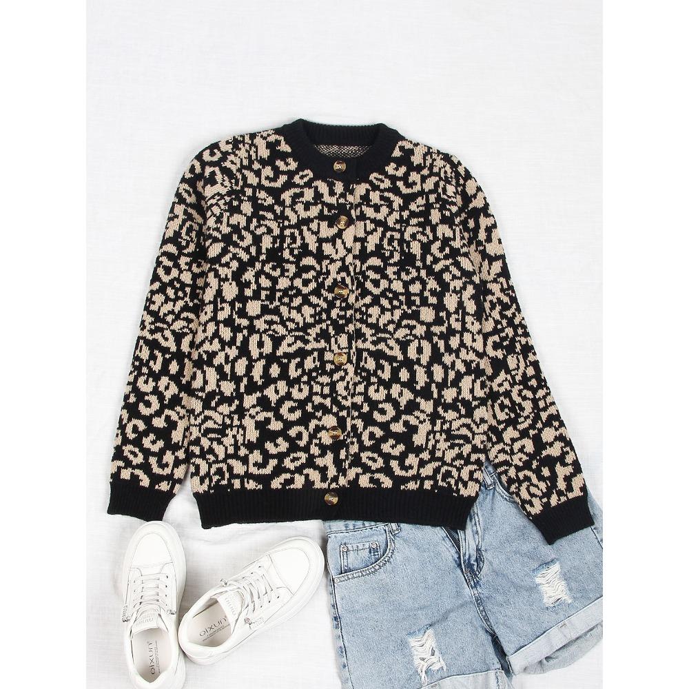 Women's Crew Neck Long Sleeve Leopard Print Loose Fit Commuter Knit Cardigan