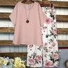 Women's Plus-size Summer New Style Casual Short-sleeved Printed Wide-leg Pants Top and Pants Two-piece Set