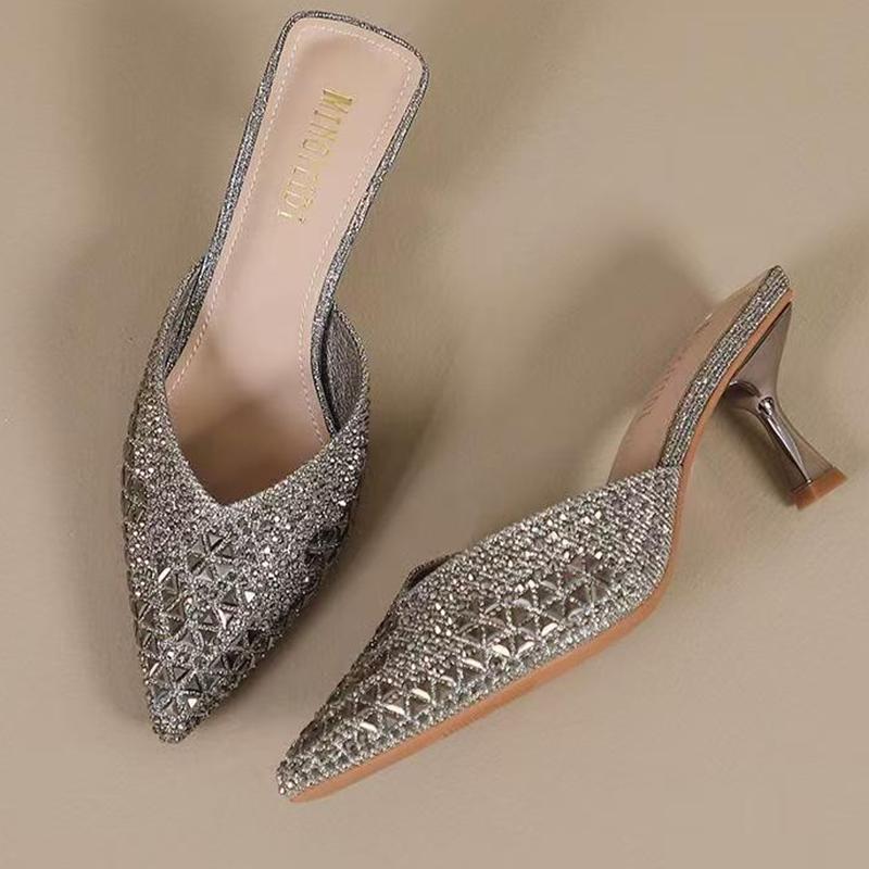 Crystal Pointed Toe Women Slippers Summer Mid Heels Shoes Dress Elegant Woman Pumps 2025 Trend Walking Chaussure Femme