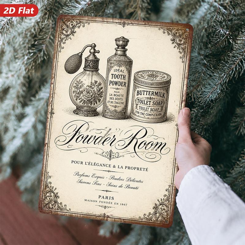 Vintage Powder Room Metal Sign with Perfume Bottle, Tooth Powder, and Buttermilk Soap