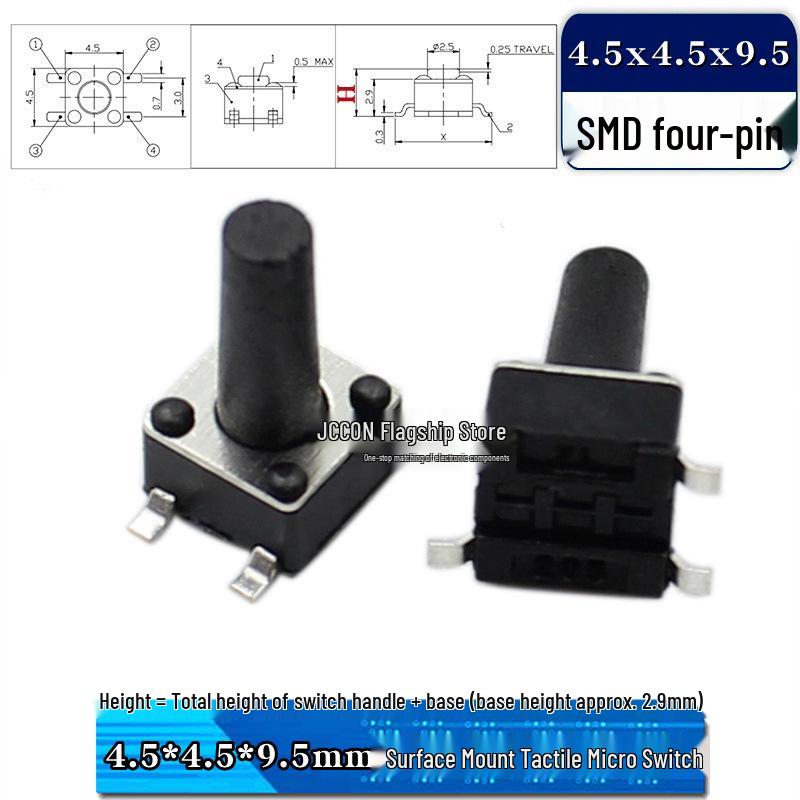 SMD Tactile Micro Switch 4.5x4.5mm, Height Options: 3.8-9mm, Copper Pins