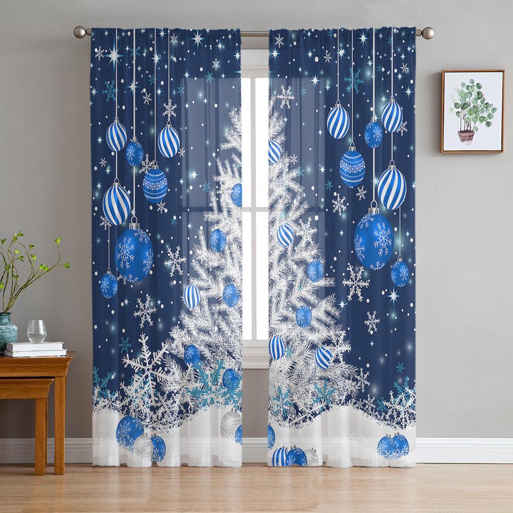 Blue Christmas Tree Christmas Ball Snowflake Sheer Curtains Home Living Room Bedroom Kitchen Window Decor Voile Tulle Curtains