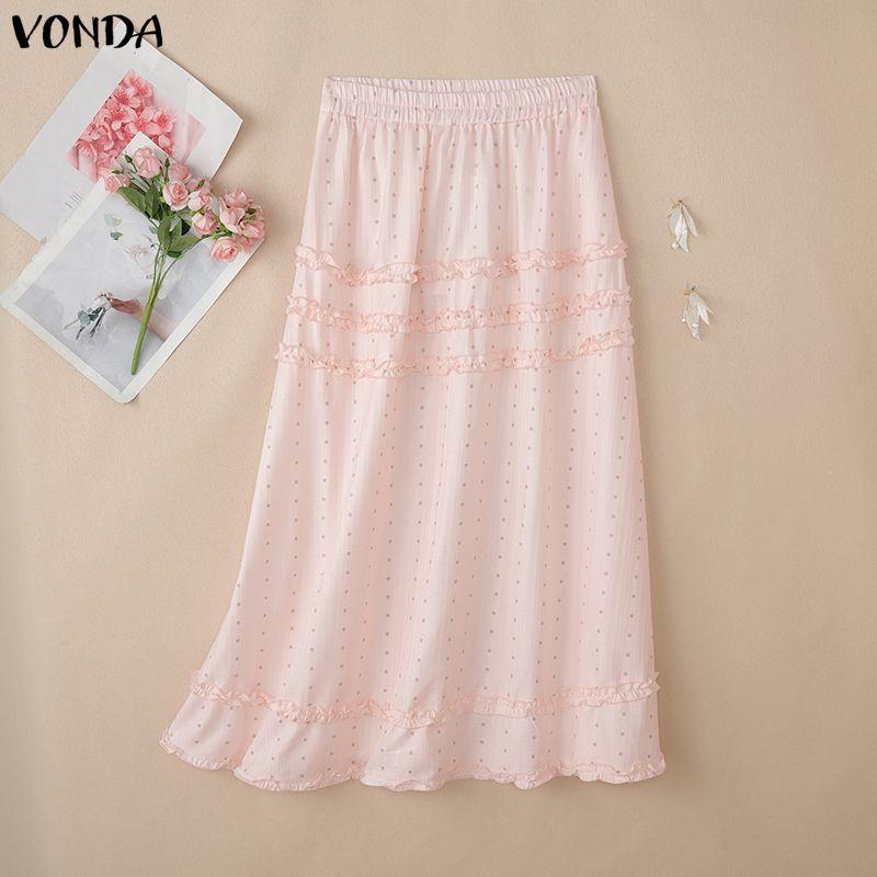 VONDA Women Elastic Waist Polka Dots Casual A-Line Pleated Swing Skirts