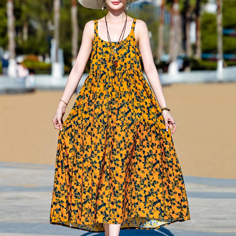 Elegant Sling Dress for Women Plus Size Casual Summer Long Dress Vintage Middle-aged Women's Clothing