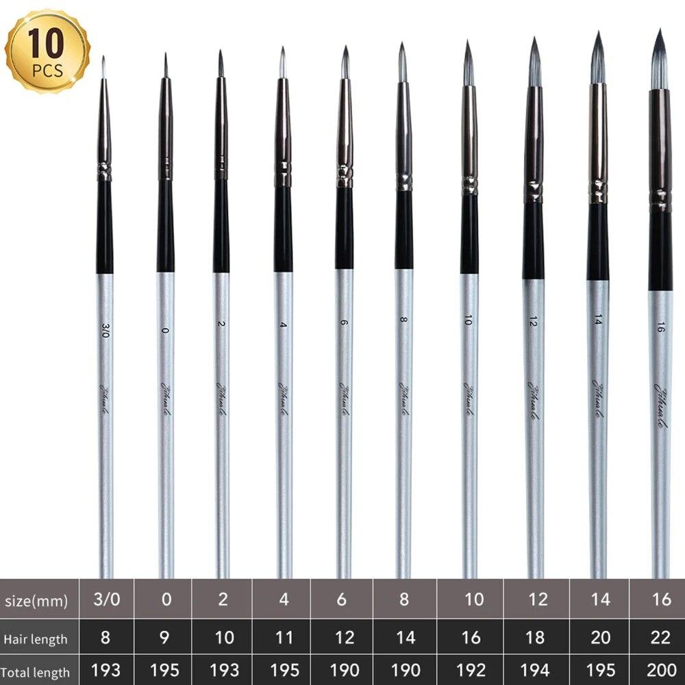 Set de 10 perii pentru vopsea artistică cu cap rotund, nailon, păr, artist, pix, pictură acrilice, pix, ulei, acuarelă, argint, tijă scurtă, aprovizionare pentru arte plastice