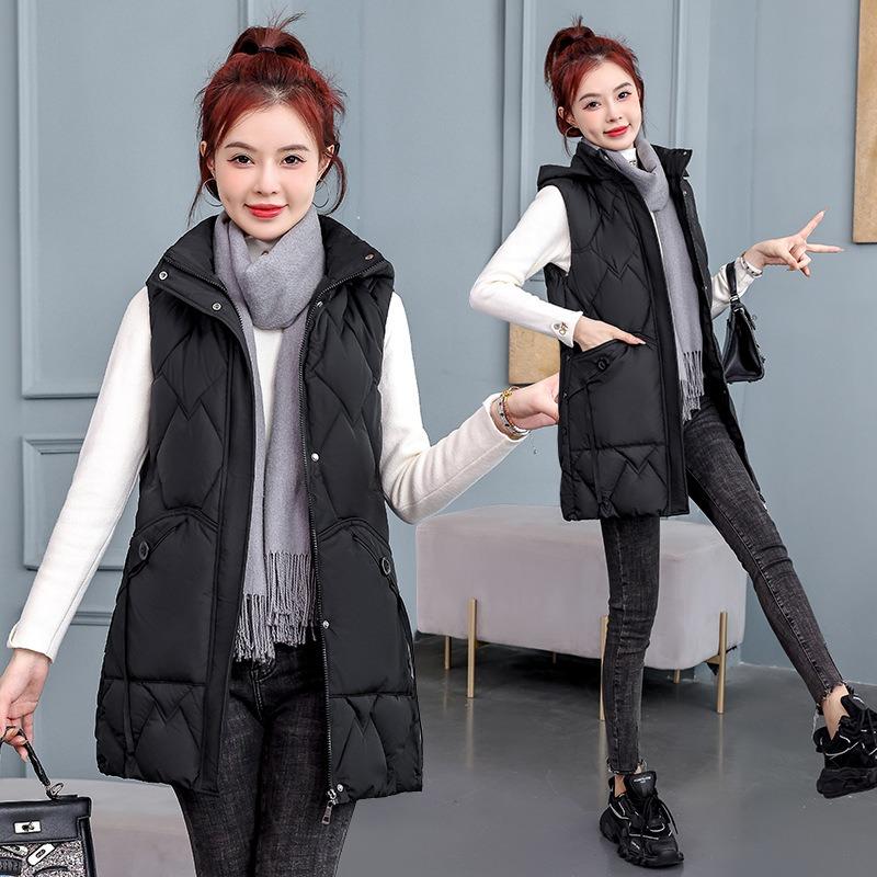 Medium and long down cotton live hat vest women's autumn and winter new fashion thickened vest slim vest jacket