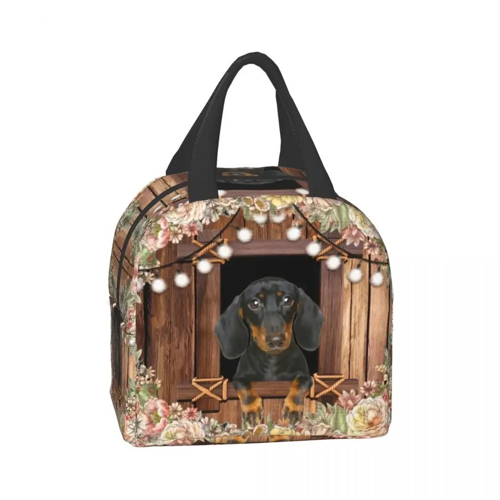 Dachshund Dog With Floral Lunch Bags For Women Insulated Thermal Cooler Bento Box Kids School Food Portable Picnic Storage Bag