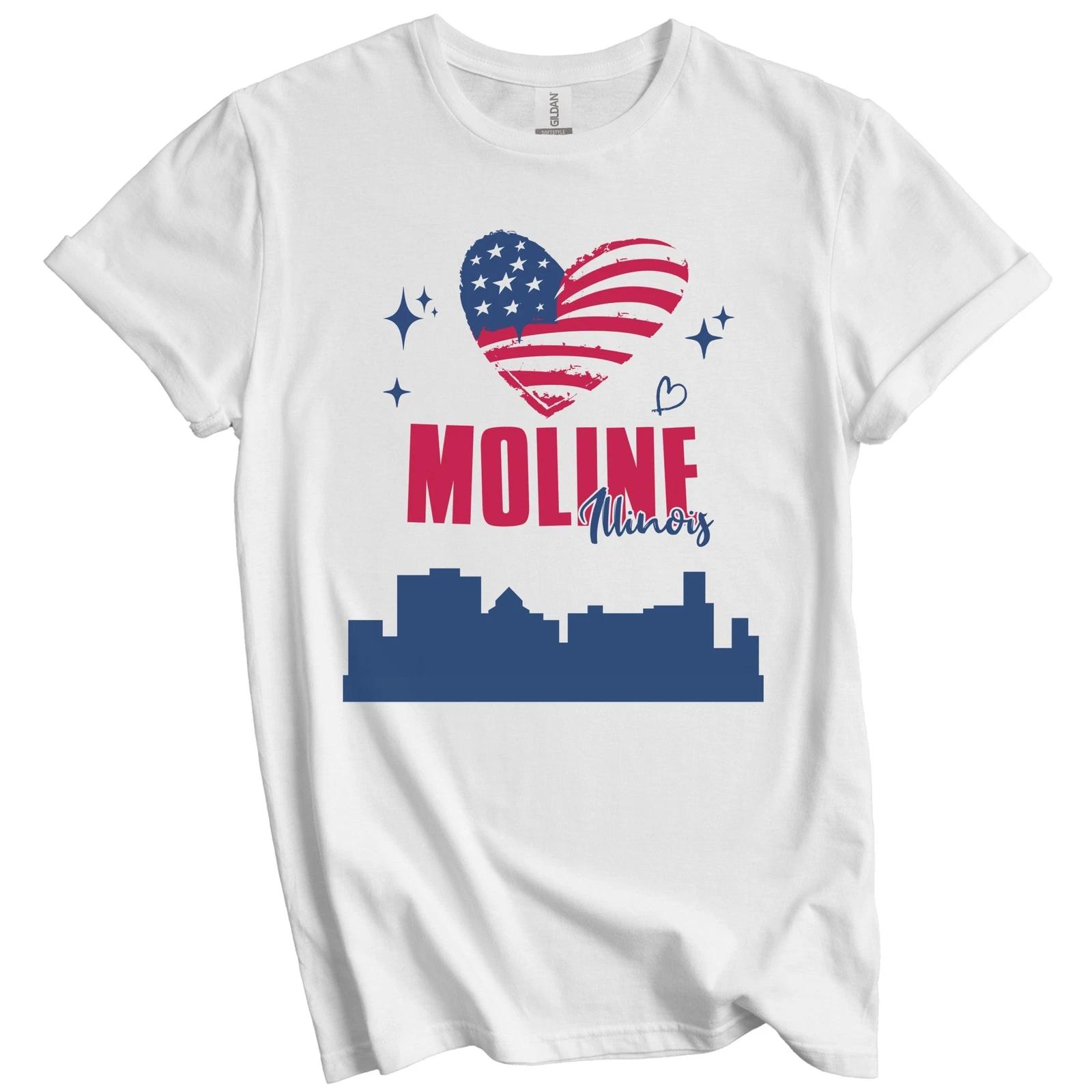 Moline Illinois Skyline American Flag Heart 4th of July T-Shirt L