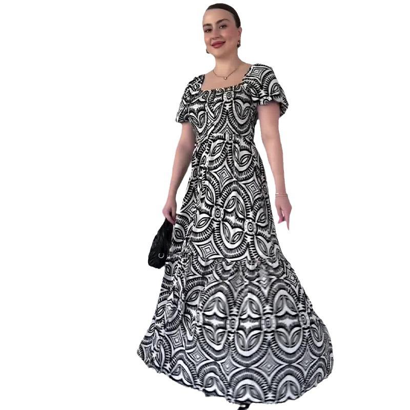 2024 Summer Women's French Retro Square Neck Printed Long Dress