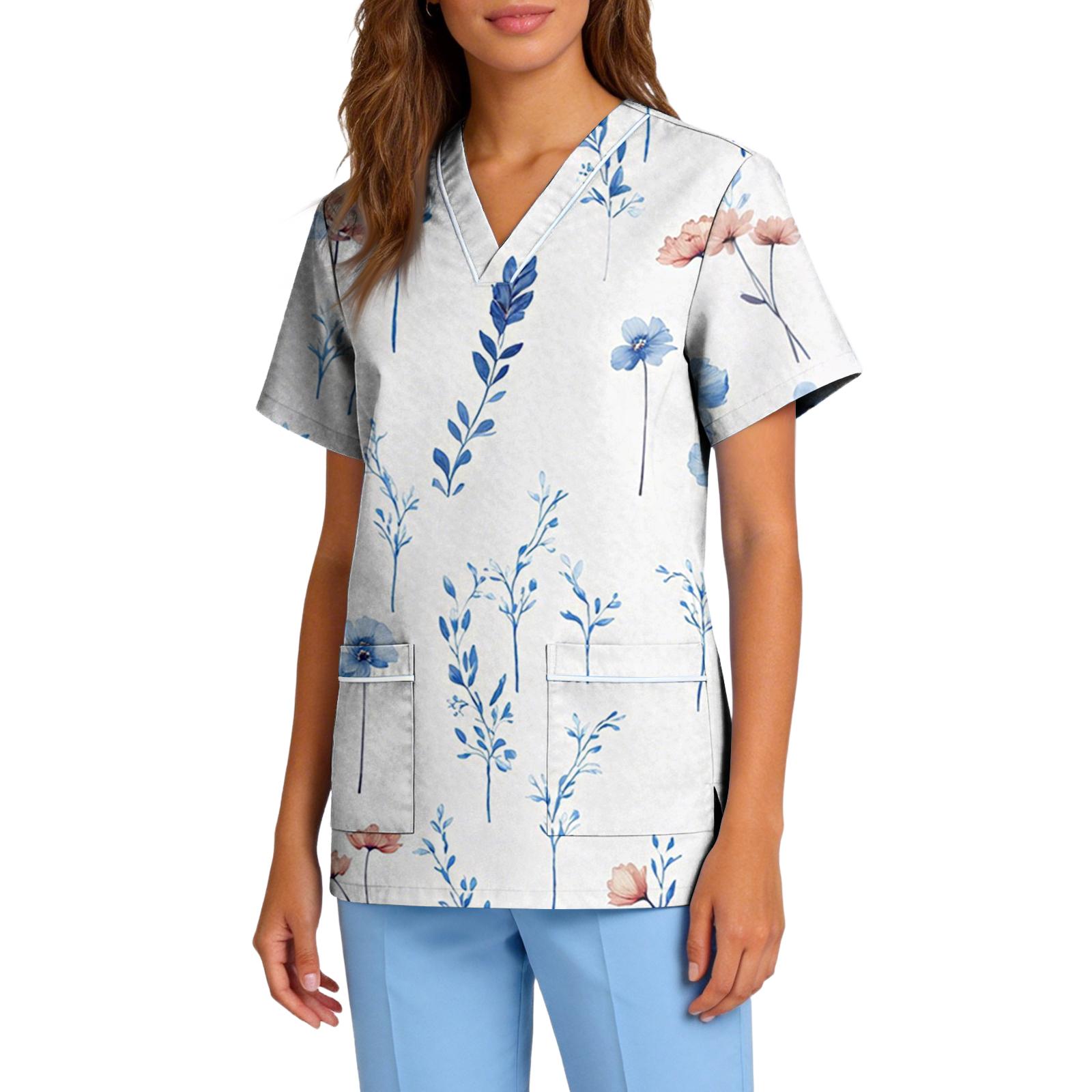 

Women V Neck Short Sleeve Stretch Scrub Top with Pockets Floral Print Medical Uniform Workwear for Healthcare Professionals L белый