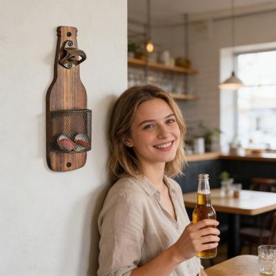 Bottle Opener with Cap Catcher Rustic Wooden Beer Opener for Kitchen Bar