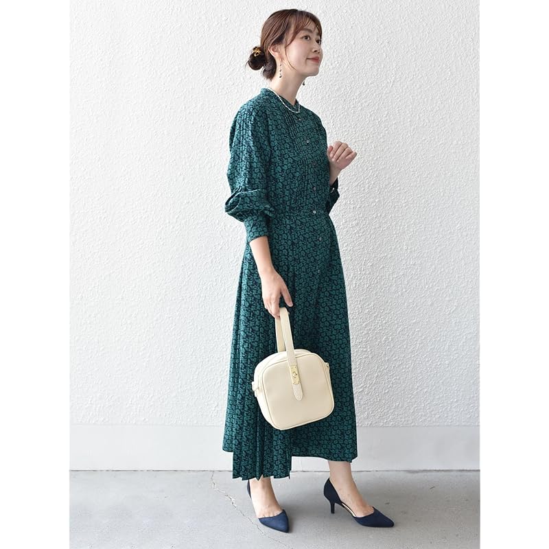 [Ships Ladies] SHIPS for women one piece WEB limited Hand washable dot/floral pattern band color side pleats ladies 314514409 dark green M