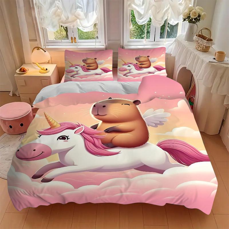 3pcs Unicorn, Capybara Duvet Cover Set - Machine Washable, Includes 1 Cover and 2 Pillowcases, No Core Included yy251013110