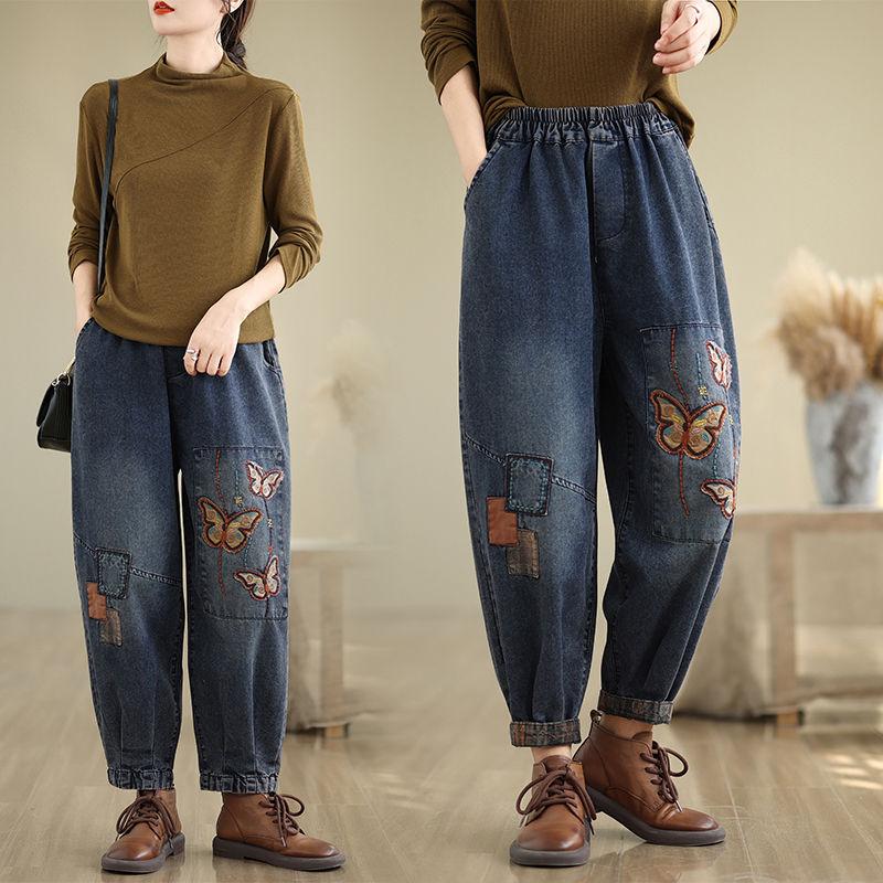 

Винтажный стиль, джинсовые брюки с высокой талией, женские модные свободные джинсы с вышивкой, женские осенне-зимние женские шаровары больших размеров S