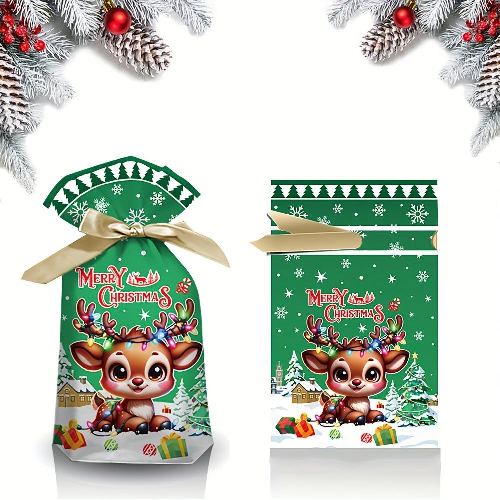 50pcs Christmas Drawstring Gift Bags, Festive Cartoon Reindeer, Santa, Snowman Designs, Plastic Party Favor Pouches with Ribbons for Holiday Presents