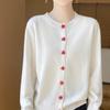 Women's 100% Wool Round Neck Long Sleeve Knit Cardigan with Cashmere Inner Layer