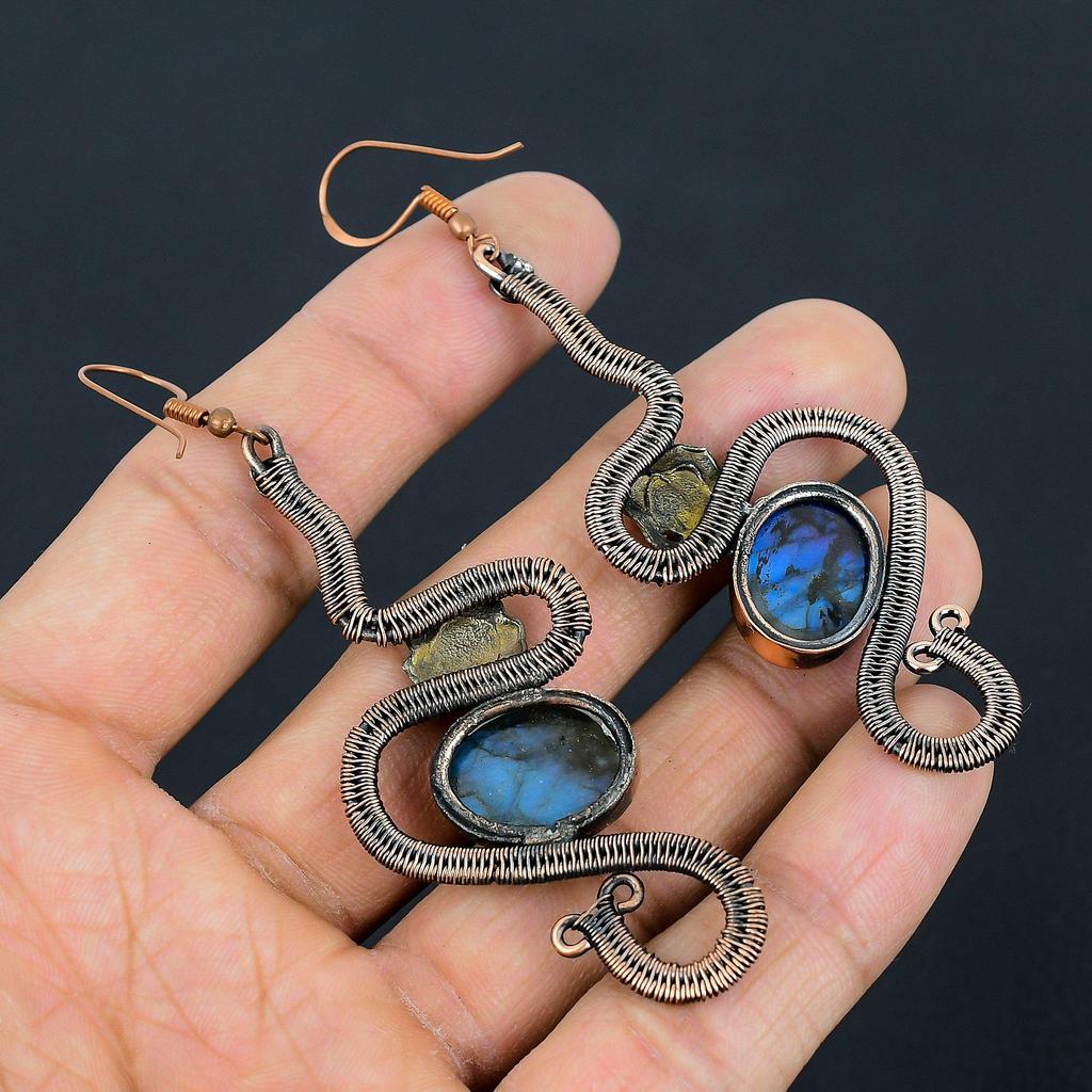 Labradorite 999 Copper Wire Wrapped Earrings, Handmade Gemstone Earrings Jewelry, Gifts For Wife Brand New Earrings
