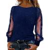 Women T-shirt O-neck Mesh Hollow Puff Long Sleeves Soft Stretchy Tops Shiny Rhinestones Regular Fit Tee Shirt Party Casual Wear