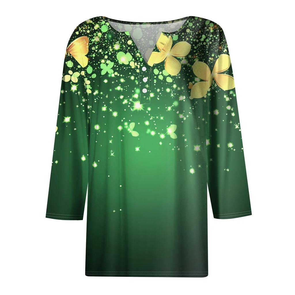 T-skjorte for kvinner T-skjorte med knapp 3/4-ermet Daglig helgmote Basic V-hals vanlig topp
