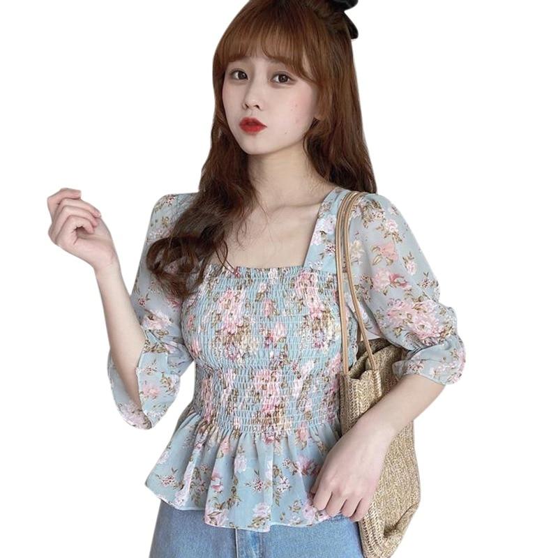 

Летняя женская блузка с цветочным принтом, квадратным вырезом и сладкими короткими рукавами, шифоновая рубашка One size