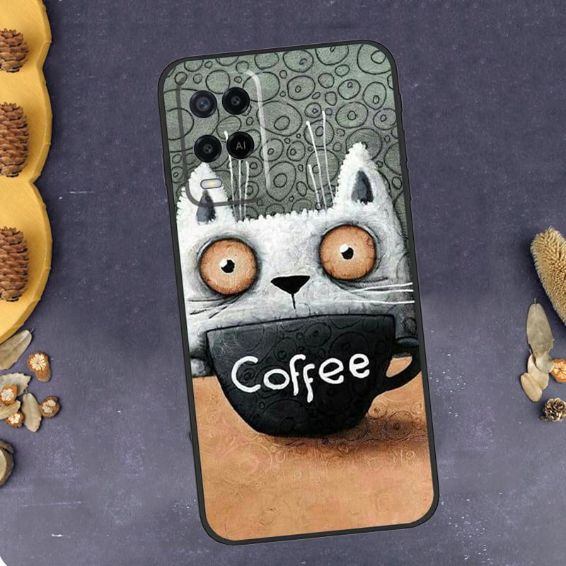 Cute Animal Cat Coffee Phone Case For Oppo A94 A74 A54 A15 A18 A38 A58 A78 A98 A40 A60 A80 A16 A76 A96 A57S A17 A77