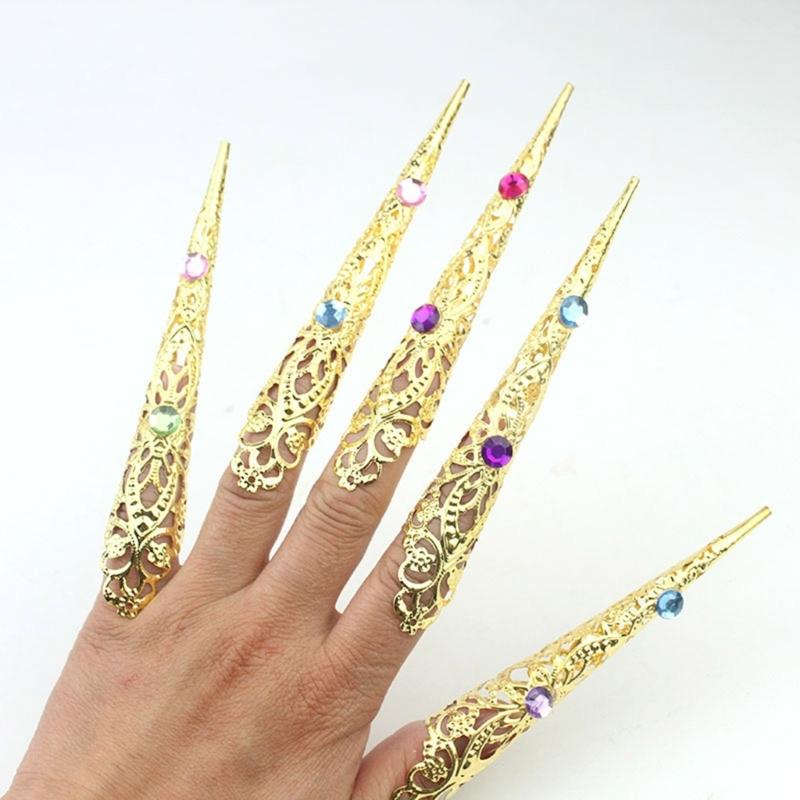 10PCS Ancient Queen Fingernail Claw Rings Gold Nail Rings Suitable for Halloween Cosplay and Belly Dance Showing