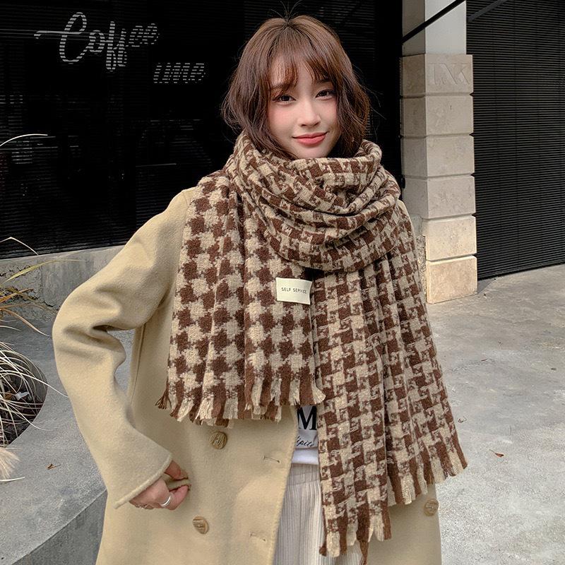 Korean Style Plaid Mohair Scarf - Women's Winter Imitation Cashmere Shawl