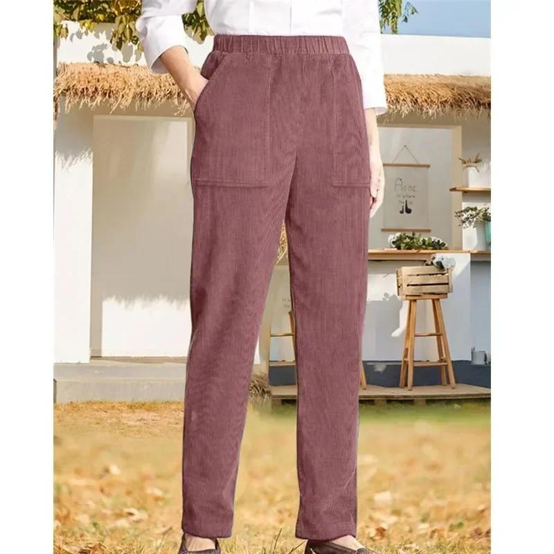 Fashion Straight Corduroy Long Pants Autumn Winter Casual Solid Color Elastic Waist Stripe Trousers Women Loose Fit Warm 30123