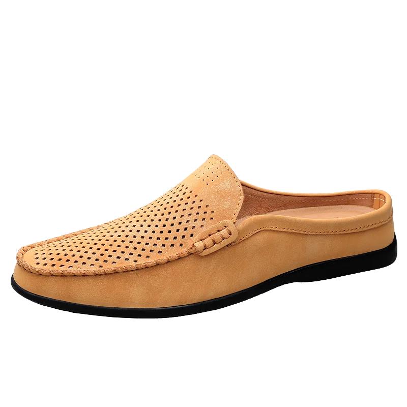 Fashion 2025New Men Summer Breathable Hollow Out Sandals Casual Leather Soft Bottom Walking Shoes Outdoor Flat Designer Half Drag Shoes