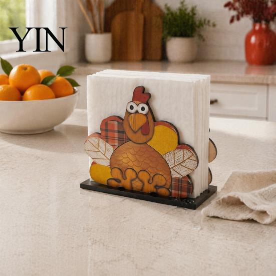 Wooden Paper Towel Holder Thanksgiving Solid Wood Napkin Holder, Fall Harvest Gnome Scarecrow Turkey Tissue Stable Vertical Stand Dispenser,