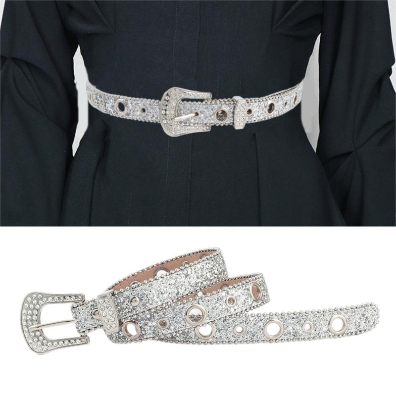 Shinning Rhinestone Buckle Waist Belts for Rock Fans Adjustable Belt for Cowboy Teens Female Jeans Skirt Waistband