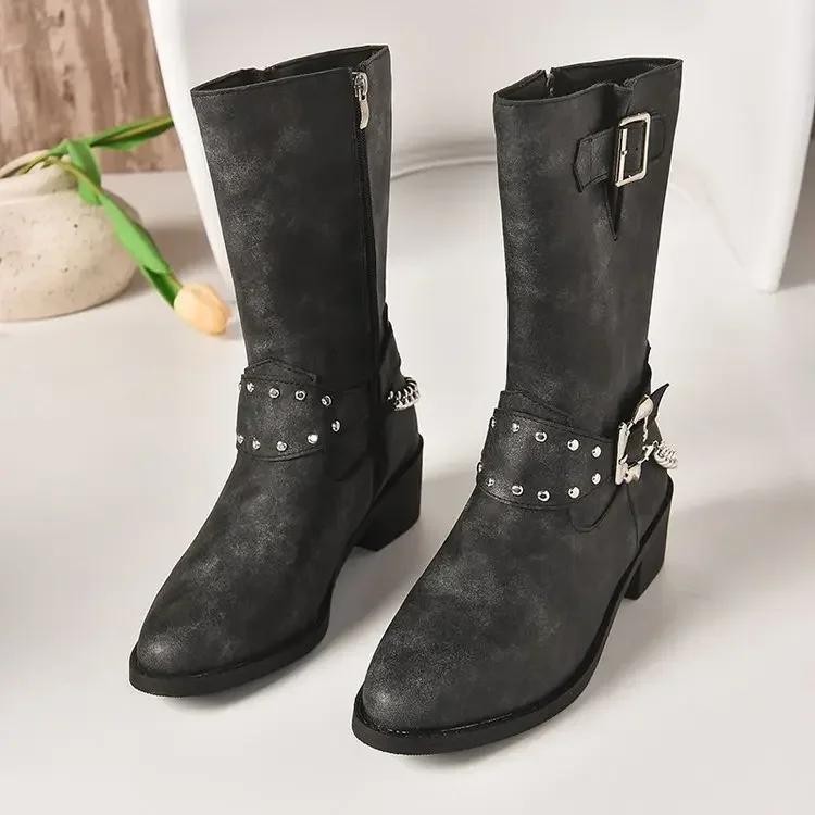 Módní boty s přezkou do půli lýtek pro ženy Západní kovbojské boty na silném podpatku PU kůže Punk gotické boty Moto boty 2024