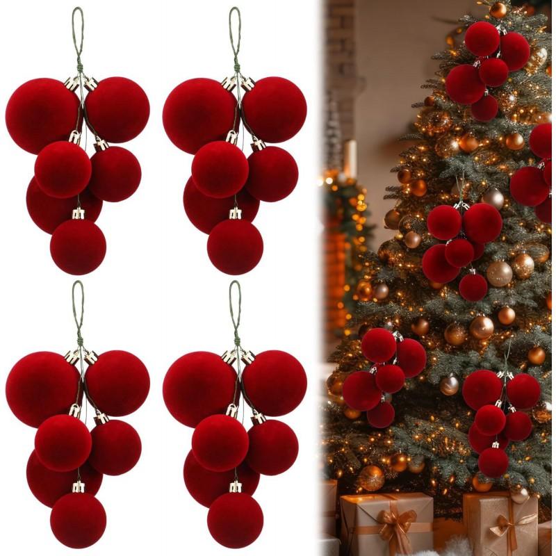 Wine Red Flocked Christmas Ball Ornaments Set Of 6 Tree Hanging Decor Holiday Party Home Festive Decoration