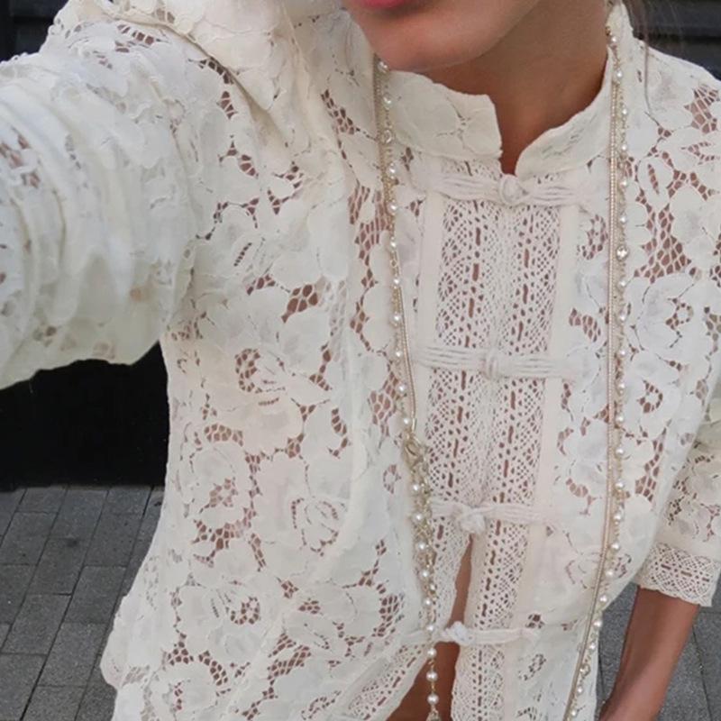 Europäischer & Amerikanischer Stil Froschknopf Spitzenshirt - Stehkragen, Taillenformend, Vielseitiges & Atmungsaktives Oberteil, 2025.
