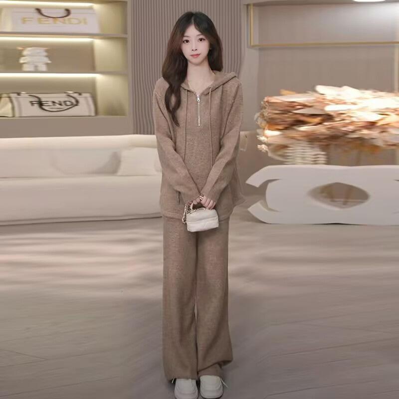 Women 2 Piece Knit Outfit Hoodie Sweatshirt + Wide Leg Pants Set Casual Loungewear Tracksuit