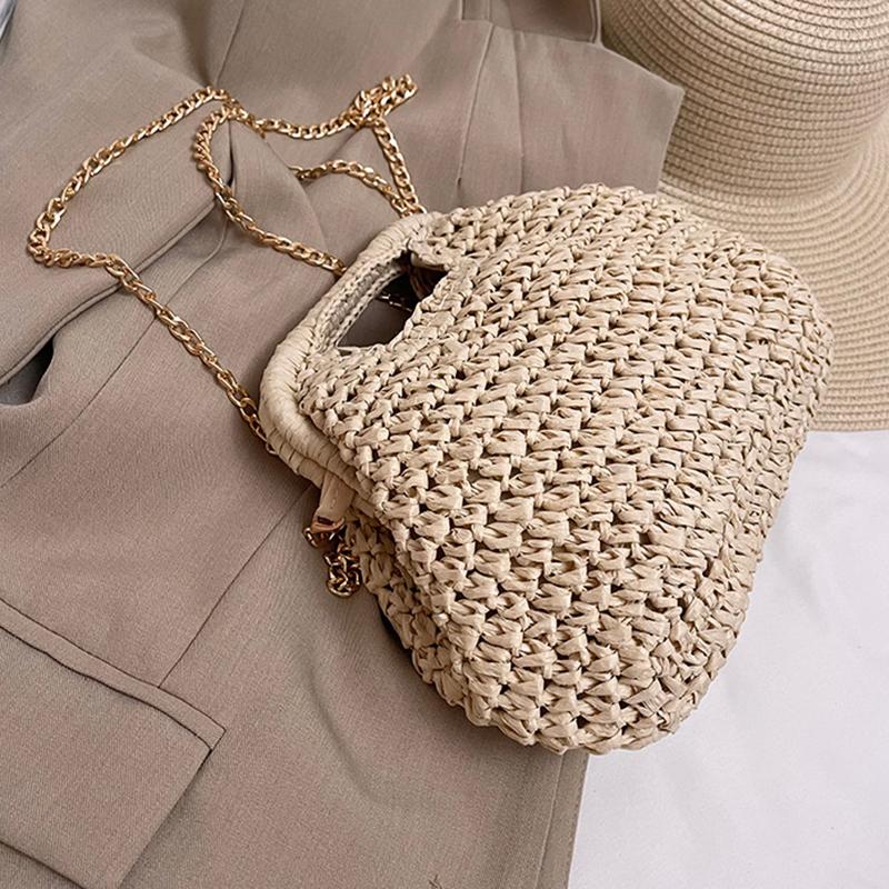 Retro Woven Clutch Bags for Women Straw Shell Chain Handbag Messenger Bag Ladies Holiday Beach Eco-friendly Crossbody Bag CLE