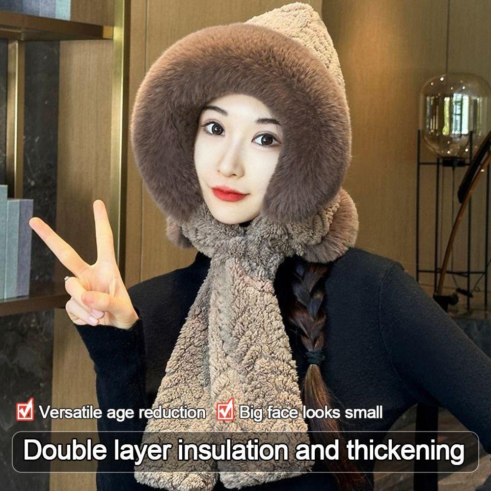 Cute Plush Winter Integrated Cap Scarf Warm Thickened Beanie Hat Scarf Casual Windproof Scarf Set Hooded Outdoor