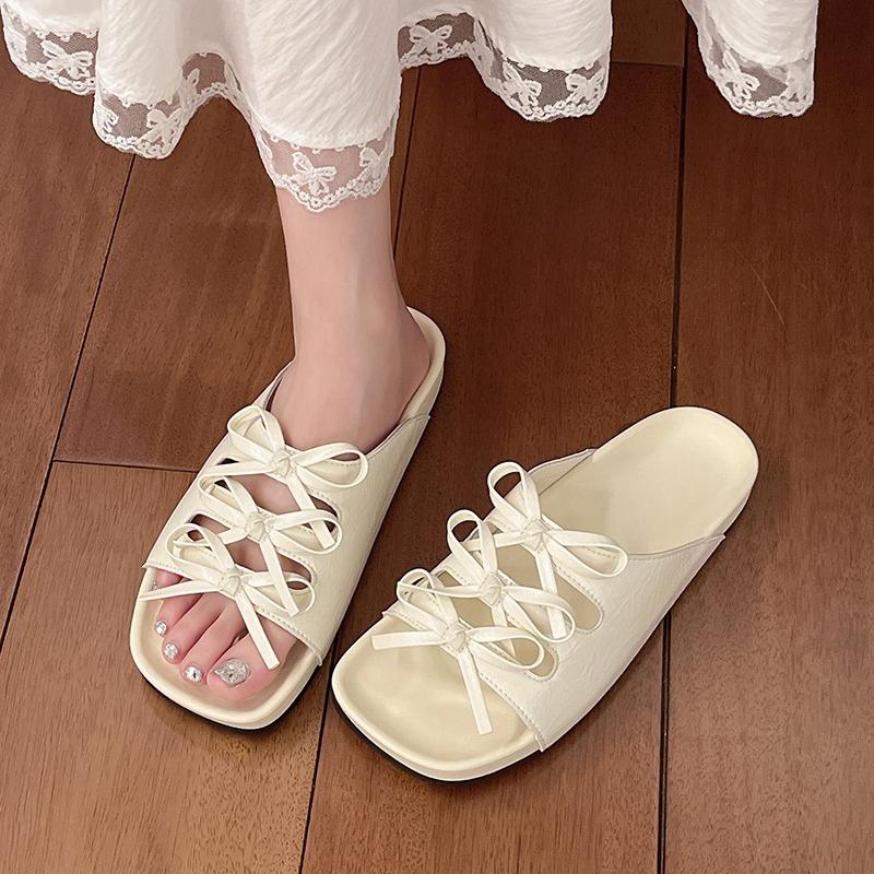 Fashion Design Sense Cutout Bow Flip Slippers Women's New Retro Square Toe Open Toe Casual Soft Sole Non-slip Sandal Shoes