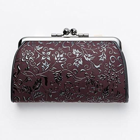 [Inden-ya] INDEN-YA Genuine Inden Leather Coin Purse with a Parent-Child Clasp, Purple with Black Lacquer, Floral Arabesque Pattern  Authentic