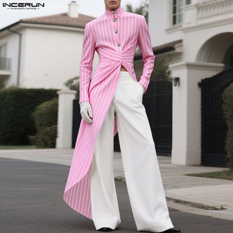 INCERUN Men Stand Neck Long Sleeve Striped Splits Irregular Hem Long Tunic Shirts Tops