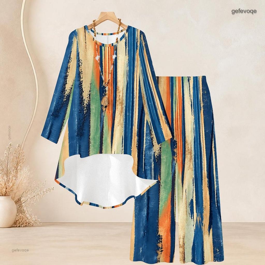 Women Plus Size Purple White Printed Round Neck Long Sleeve High Low Top Wide Leg Pants Two Piece Set