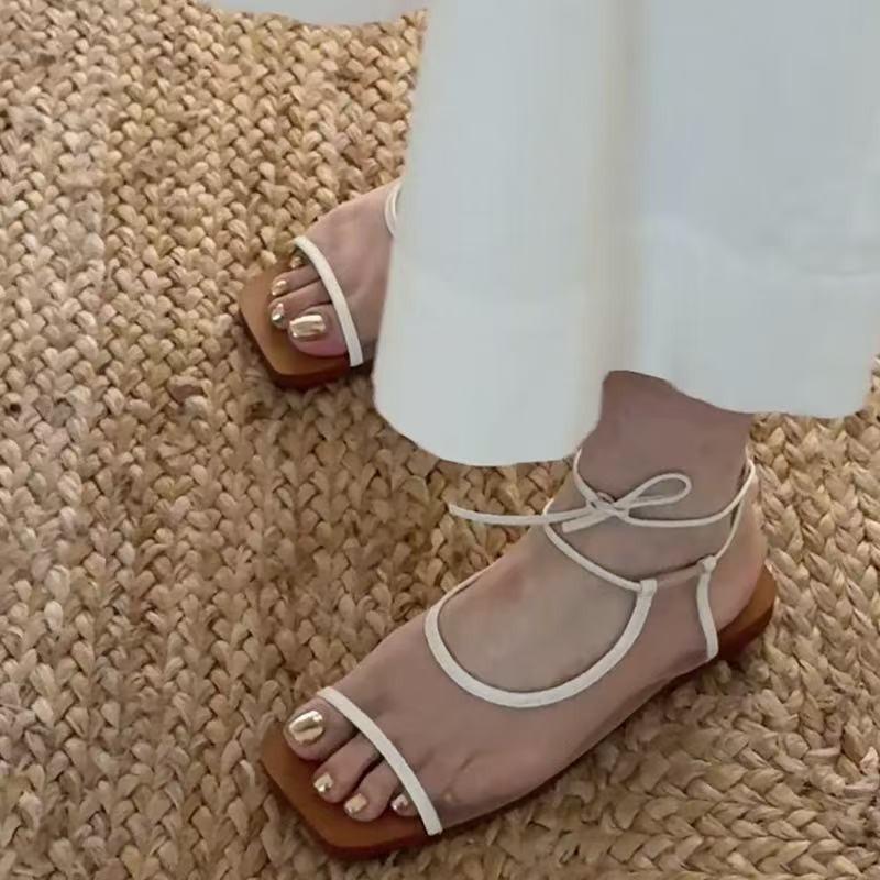 Fashion Flat Sandals Women's Fashion Round Toe Open Toe Mesh Lace-Up Soft Sole Anti-Slip Wear-Resistant Plus Size Romans