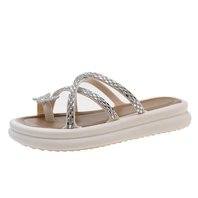 Premium sandals women's new summer fashion rhinestone butterfly toe thick-soled cool slippers