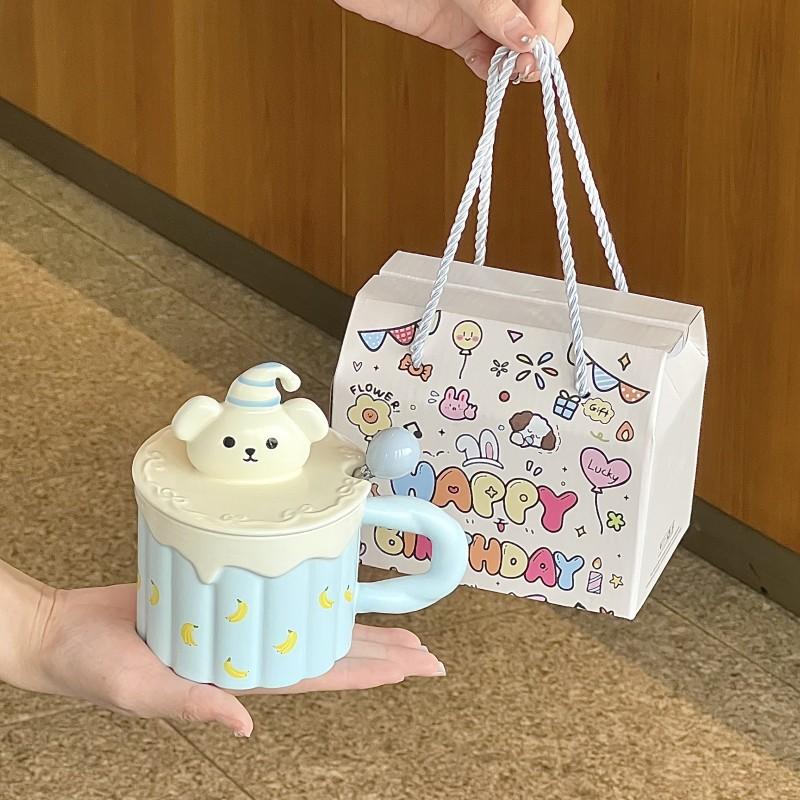 Cute cartoon yellow bear ceramic mug with lid spoon large capacity drinking cup birthday gift practical for girls