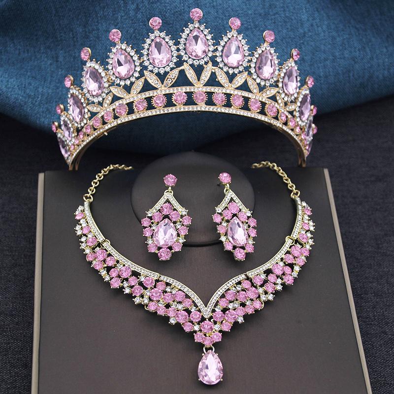 

Великолепные наборы свадебных украшений с кристаллами королевского синего цвета, красочные тиары, серьги, ожерелья, набор для женщин, корона для свадебного платья, набор ювелирных украшений