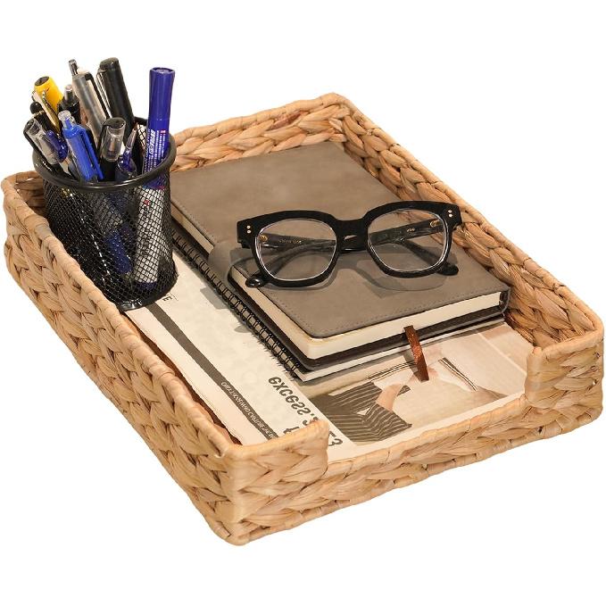 PINXIURY Water Hyacinth Letter Tray A4 File Desk Mail Tray Letter-Size Paper Basket Woven Paper Organizer Tray Magazine Files Storage, Desk Basket
