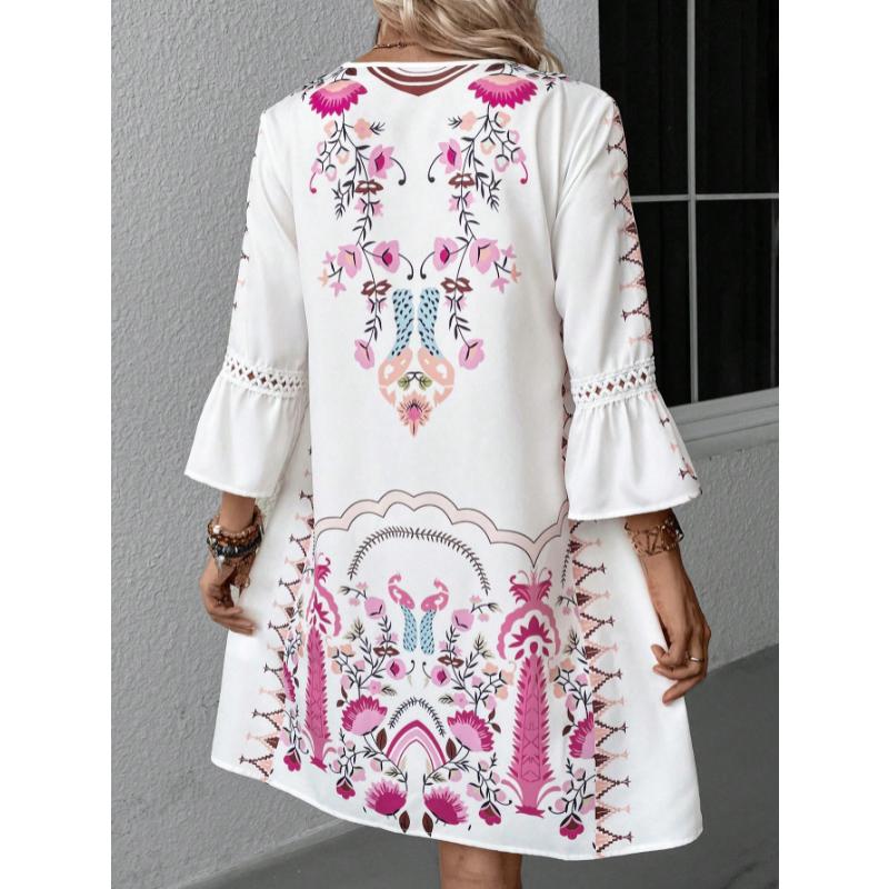 Women's V-Neck Lace Trim Printed Midi Dress, Short Sleeve Casual Floral Summer Dress for Daily Wear