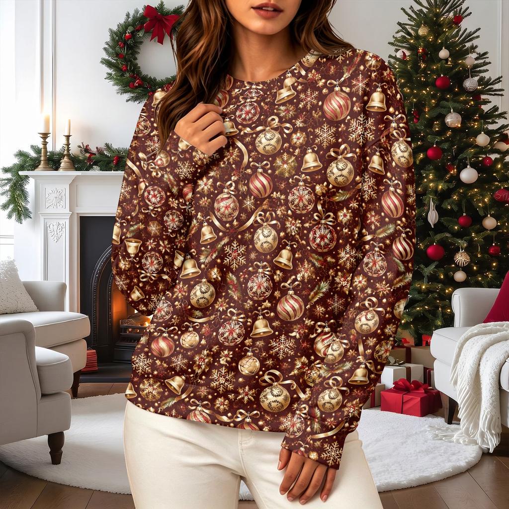Women's Casual Christmas Print Crewneck Sweatshirt Long Sleeve Top for Holiday Wear